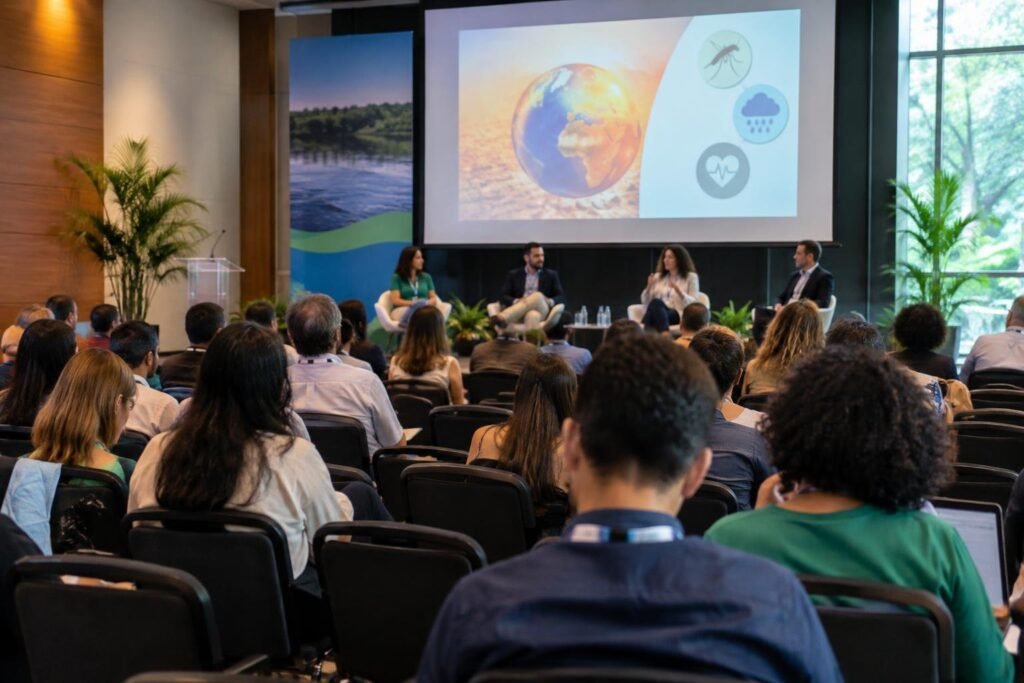 ANS debate impactos do El Niño na saúde durante congresso em Manaus Pessoas sentadas assistindo a um painel de debate em congresso. Quatro palestrantes sentados na frente em cadeiras brancas, com um telão atrás mostrando imagens relacionadas ao clima e saúde.