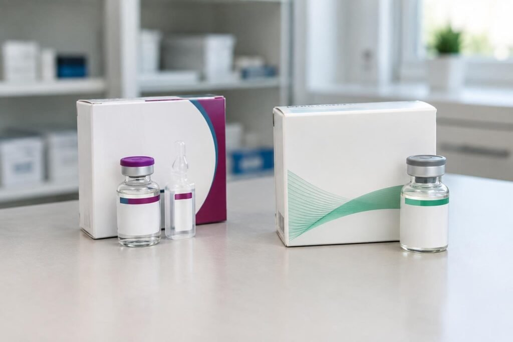 Anvisa proíbe lotes falsificados de Phesgo e Dysport Frascos e caixas brancas de medicamentos genéricos sobre uma bancada branca em ambiente farmacêutico, com fundo desfocado mostrando outras embalagens e planta.