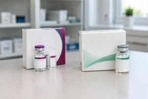 Frascos e caixas brancas de medicamentos genéricos sobre uma bancada branca em ambiente farmacêutico, com fundo desfocado mostrando outras embalagens e planta.