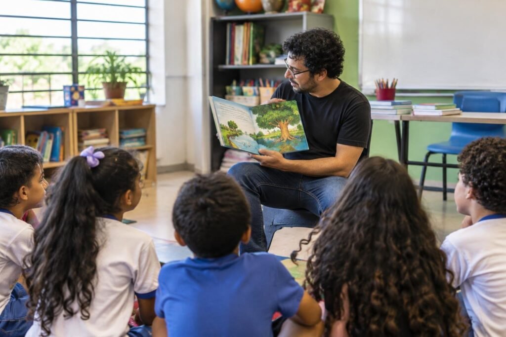Homem com camiseta preta e óculos está sentado em sala de aula lendo um livro infantil aberto para um grupo de cinco crianças sentadas no chão, olhando atentamente para o livro. Ao fundo, estantes com livros, janelas e mesas escolares.