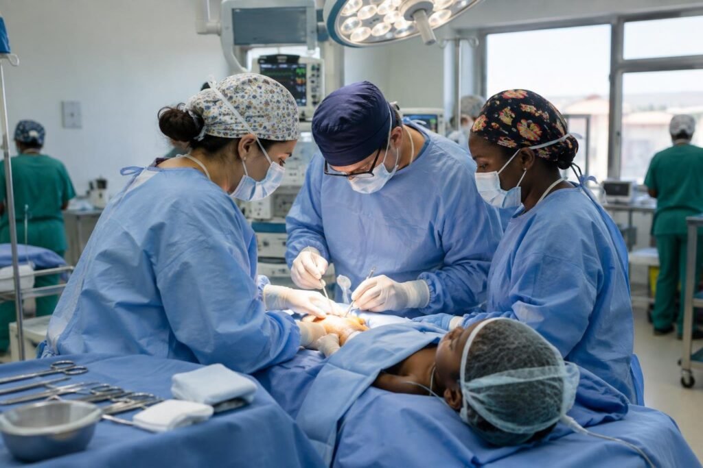 Brasileiros operam crianças com sequelas de queimaduras em Angola Equipe médica com jalecos azuis, máscaras e toucas realizando cirurgia em criança anestesiada sobre mesa cirúrgica em sala hospitalar iluminada.
