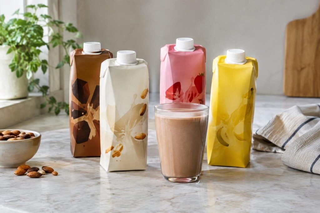 Anvisa determina recolhimento de toda a linha NotShake Protein Quatro embalagens da bebida proteica vegetal NotShake Protein em diferentes sabores – chocolate, baunilha, morango e banana – em uma superfície de cozinha, com um copo cheio da bebida de cor marrom à frente, e um pote pequeno com amêndoas à esquerda.