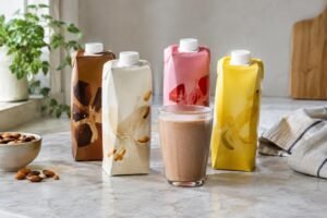 Quatro embalagens da bebida proteica vegetal NotShake Protein em diferentes sabores – chocolate, baunilha, morango e banana – em uma superfície de cozinha, com um copo cheio da bebida de cor marrom à frente, e um pote pequeno com amêndoas à esquerda.
