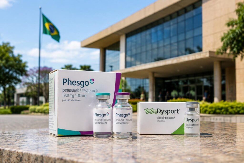 Em primeiro plano, frascos e embalagens dos medicamentos Phesgo e Dysport estão sobre uma superfície de pedra polida. Ao fundo, prédio da Anvisa com bandeira do Brasil ao vento sob céu azul com poucas nuvens.