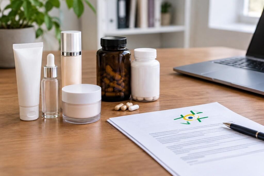 Vários frascos e potes de cosméticos e suplementos sobre mesa de madeira, ao lado de um documento com selo brasileiro, uma caneta e um notebook.