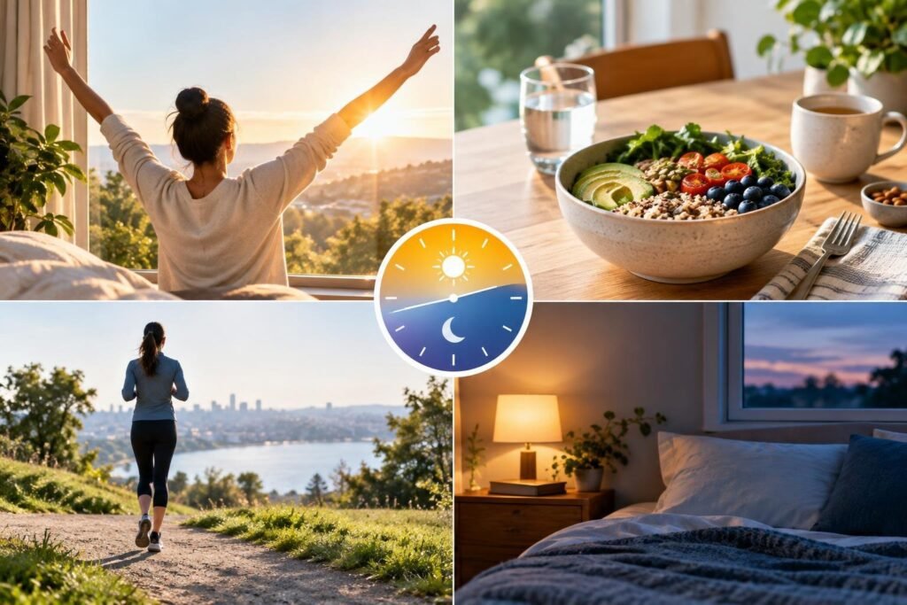 Colagem com quatro fotos: pessoa se espreguiçando ao amanhecer à frente de uma janela com vista para a natureza; prato com comida saudável sobre mesa com copo d'água e xícara; mulher correndo em trilha ao ar livre durante o dia; quarto arrumado com cama e abajur ligado ao anoitecer.