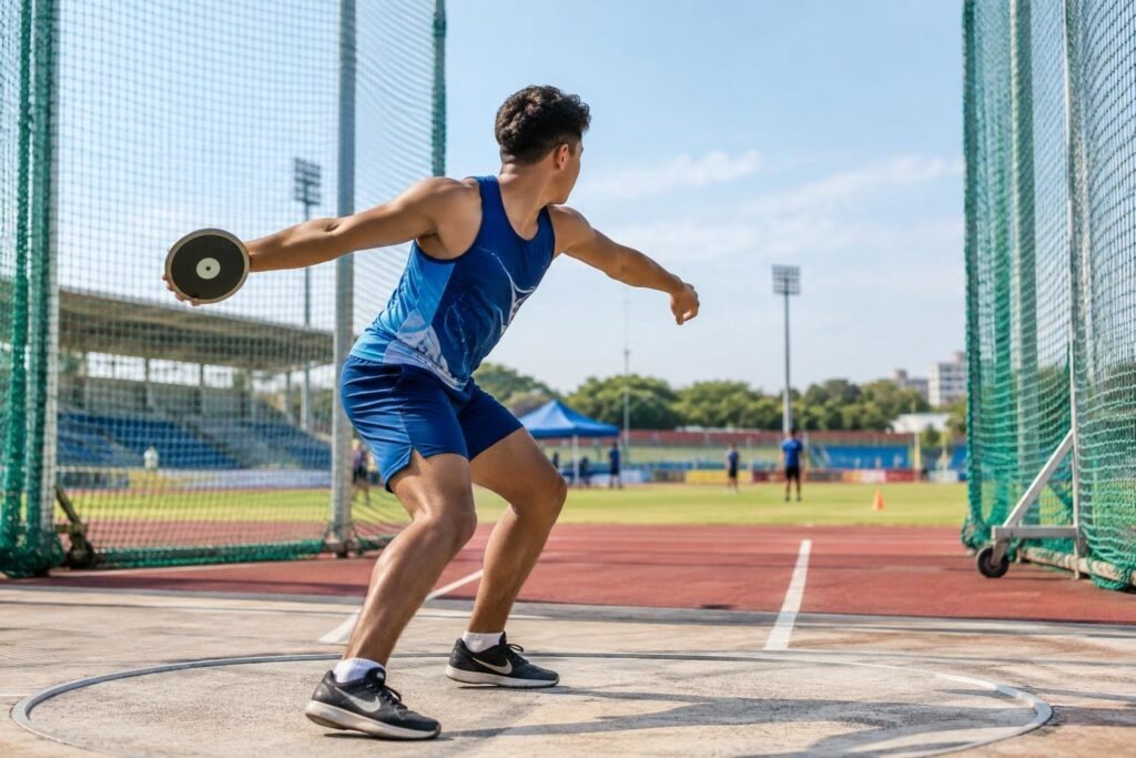 Atleta de Praia Grande conquista dois ouros nos Jogos Escolares Brasileiros Atleta jovem de costas com uniforme azul lança um disco em uma área de atletismo ao ar livre, com gramado e arquibancadas ao fundo, em dia ensolarado.