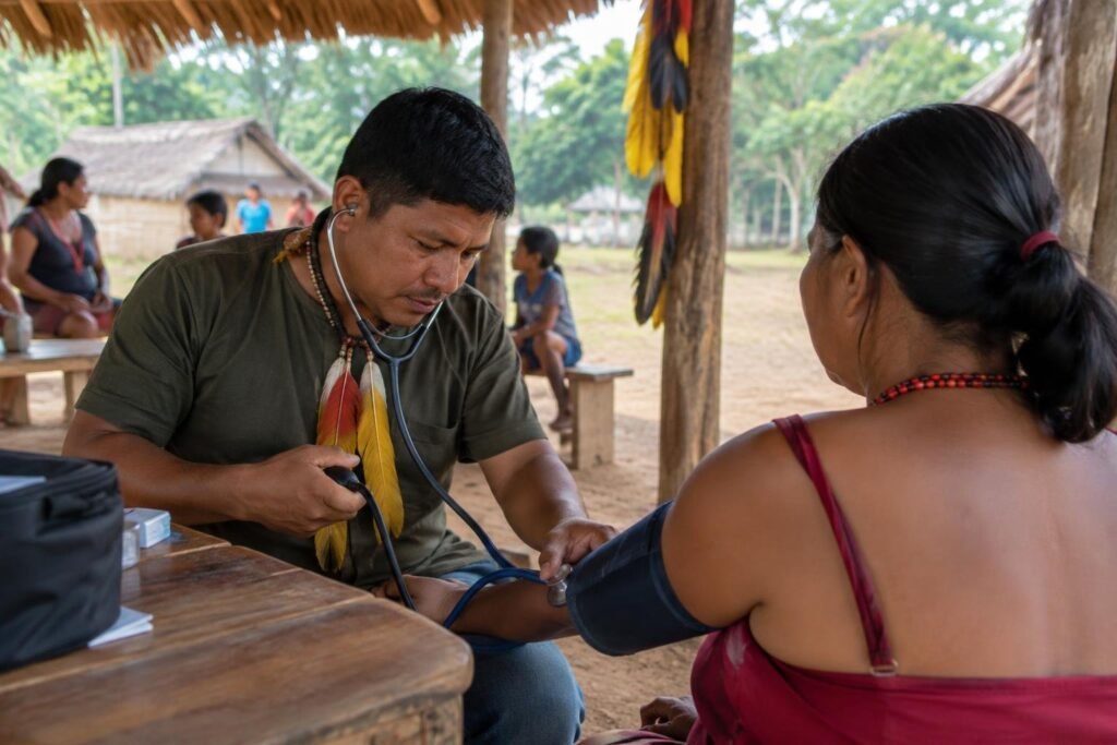 Agente indígena relata desafios de saúde na aldeia Escalvado, no Maranhão Homem indígena com enfeite de penas ao pescoço medindo a pressão arterial de uma mulher sentada em uma aldeia com casas rústicas ao fundo e outras pessoas sentadas em bancos.