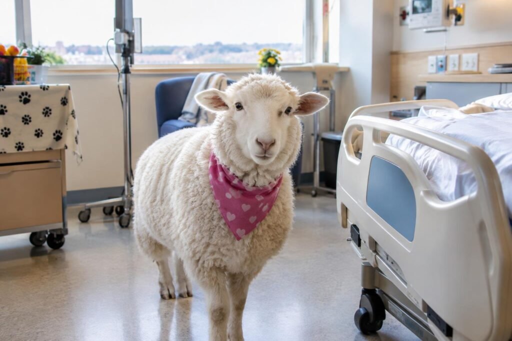 Morre a ovelha Chanel, que participava de pet terapia em hospital de Passo Fundo Ovelha branca com uma bandana cor-de-rosa com corações, dentro de um quarto de hospital ao lado de uma cama hospitalar e uma cadeira azul.
