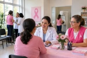 Cena em clínica com profissionais da saúde e voluntárias vestindo branco e rosa, atendendo uma mulher sentada de costas, com laço rosa e materiais informativos sobre Outubro Rosa na mesa e decoração com flores e um cartaz do laço rosa na parede.