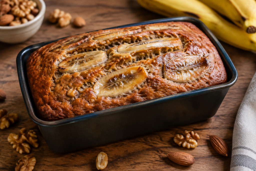 O banana bread pode receber nozes ou castanhas, segundo a receita.