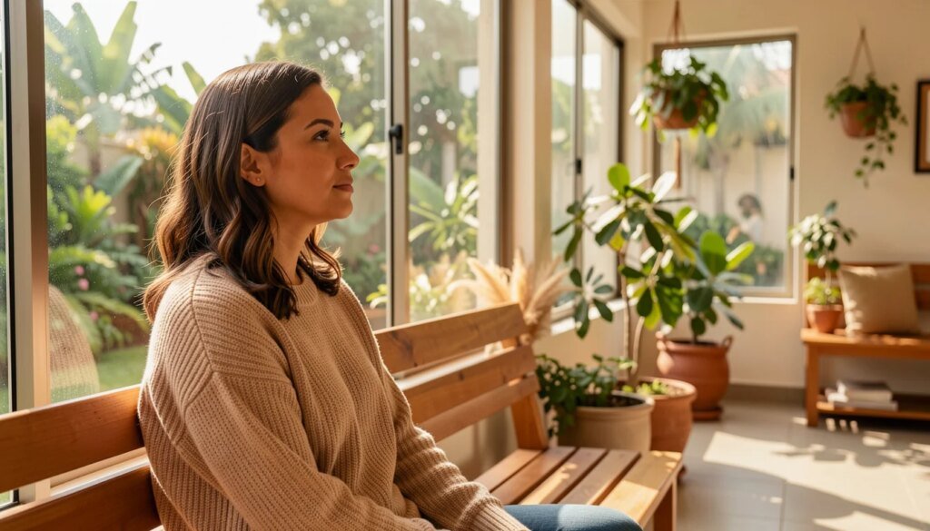 Mulher em tratamento observa jardim através de janela ensolarada em clínica de reabilitação.