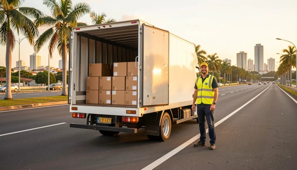 Transporte de cargas em Maceió: solução logística para empresas de diferentes setores Caminhão de cargas moderno em Maceió com entregador sorridente ao lado