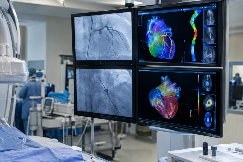 O software combina imagens de ecocardiograma e raio-X durante o procedimento.