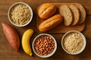Mesa com arroz integral, pães, batata-doce, banana, feijão e aveia, exemplos de alimentos ricos em carboidratos