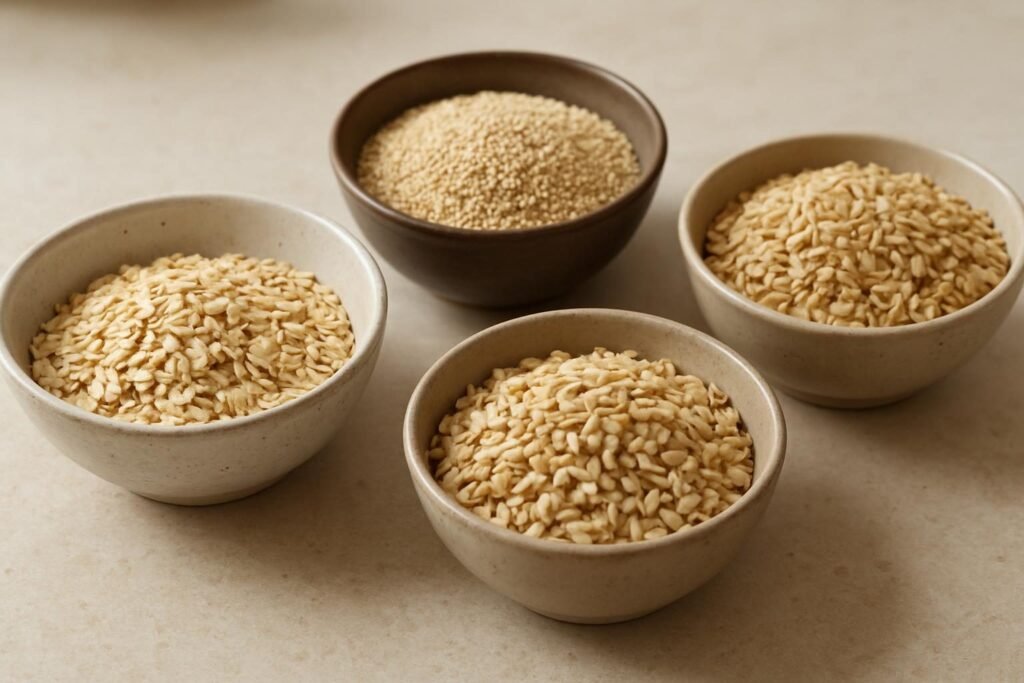Tigelas com aveia, quinoa, arroz integral e cevada sobre uma bancada de cozinha
