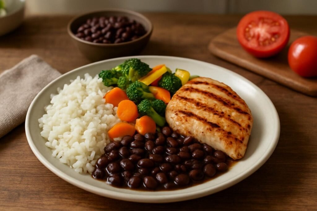 Prato equilibrado com arroz, feijão, proteína grelhada e legumes variados