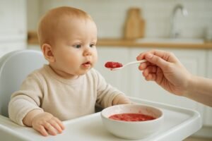Bebê na cadeirinha recebendo morango amassado na colher em cozinha iluminada