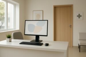 Recepção de clínica com computador, ambiente onde dados de pacientes são registrados