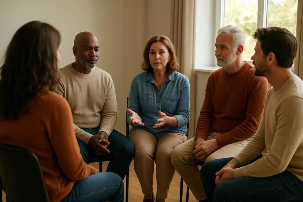 Grupo de adultos conversando em círculo numa sala acolhedora, em um encontro de apoio
