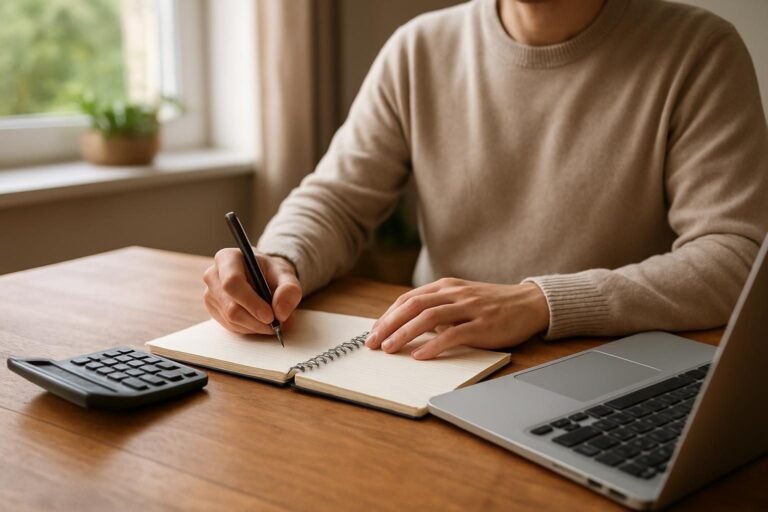 Mesa com caderno, calculadora e notebook usados para planejar um novo negócio