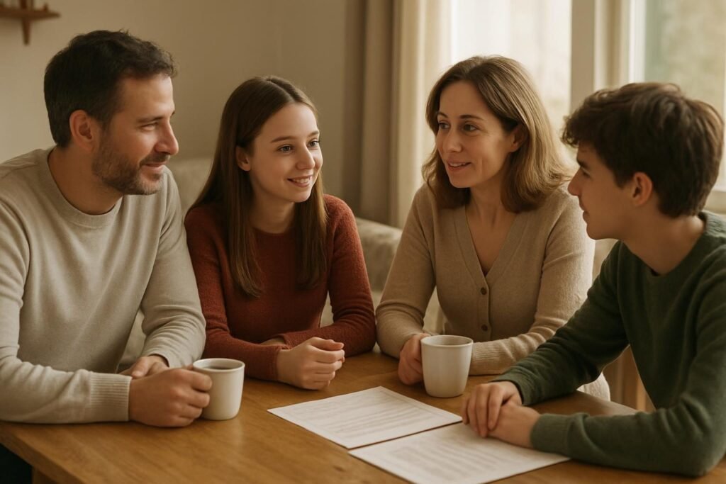 Família conversando à mesa da sala sobre os planos e a rotina com o novo negócio