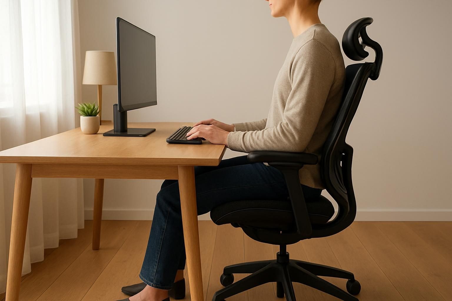 Pessoa sentada com postura correta em mesa de trabalho com monitor na altura dos olhos