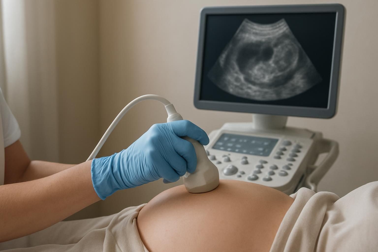 Exame de ultrassom obstétrico sendo realizado em consultório