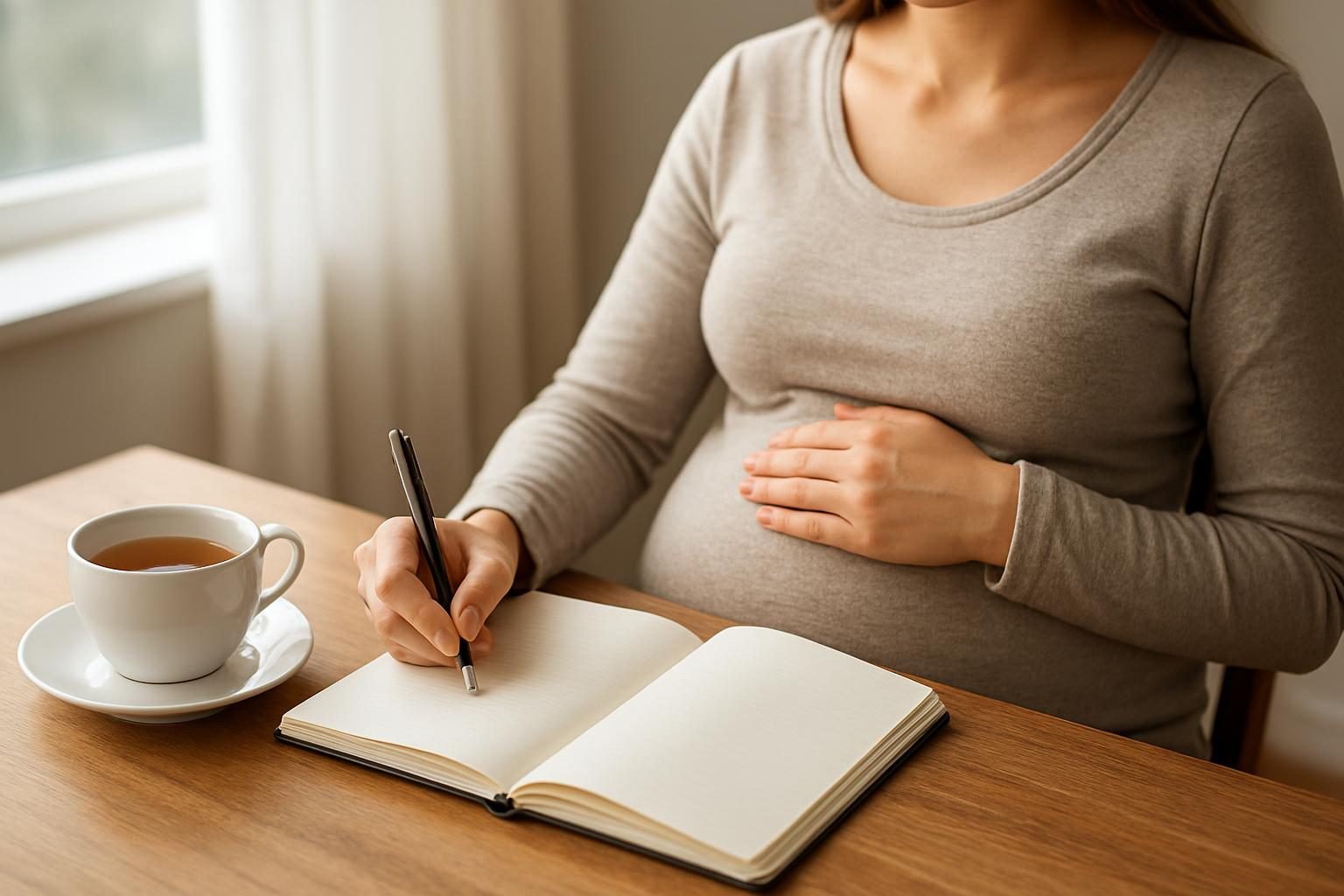 Gestante fazendo anotações em um caderno sobre a mesa