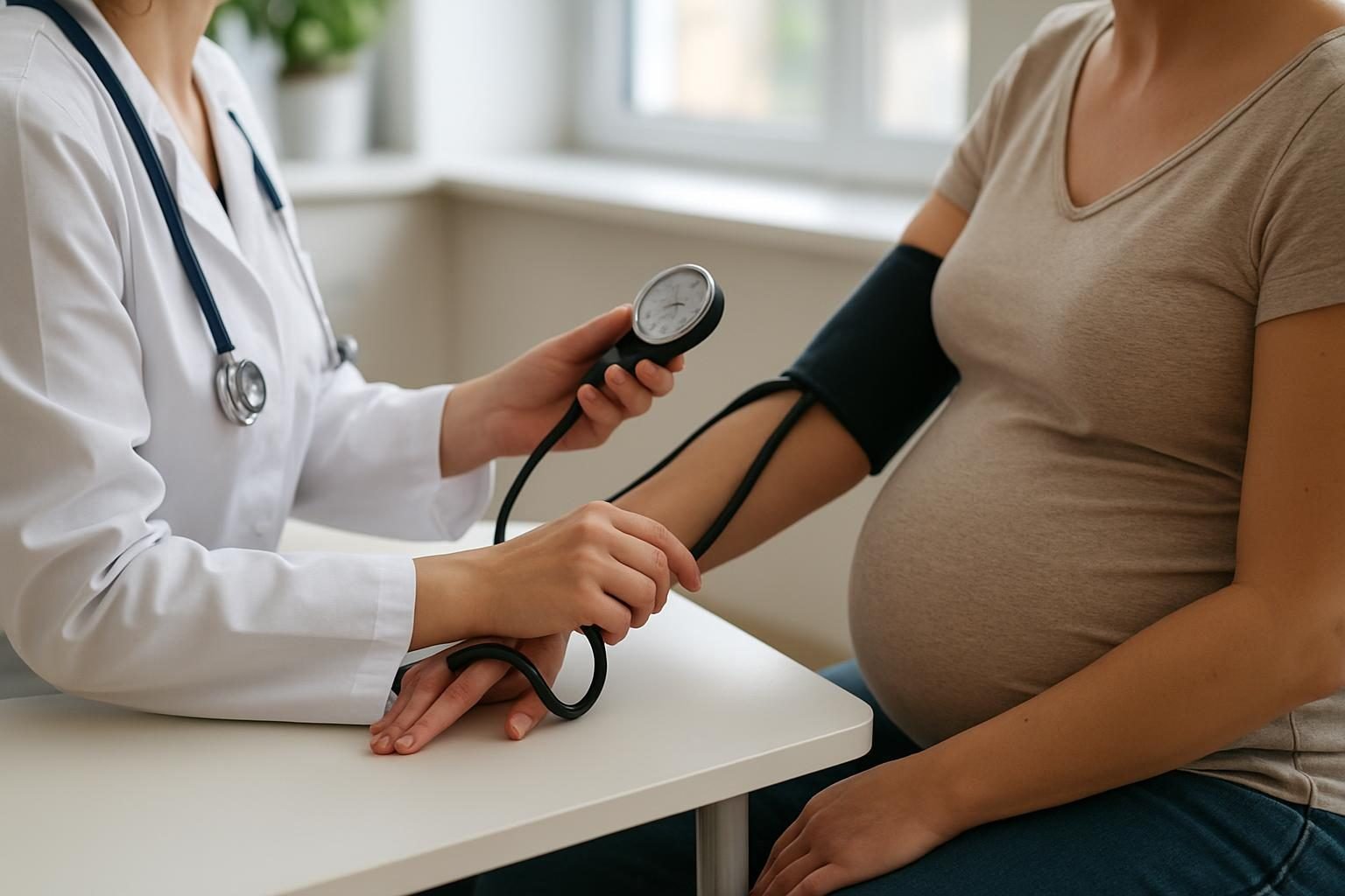 Profissional de saúde medindo a pressão de uma gestante em consulta de pré-natal