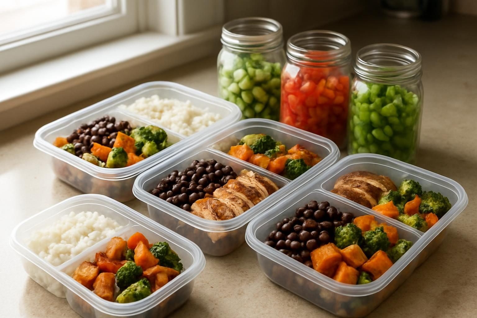 Marmitas com arroz, feijão, legumes assados e frango sobre bancada de cozinha