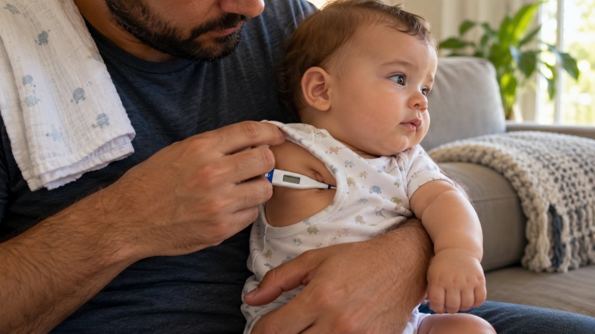 Pai mede a temperatura de um bebê com termômetro digital na axila, na sala de casa
