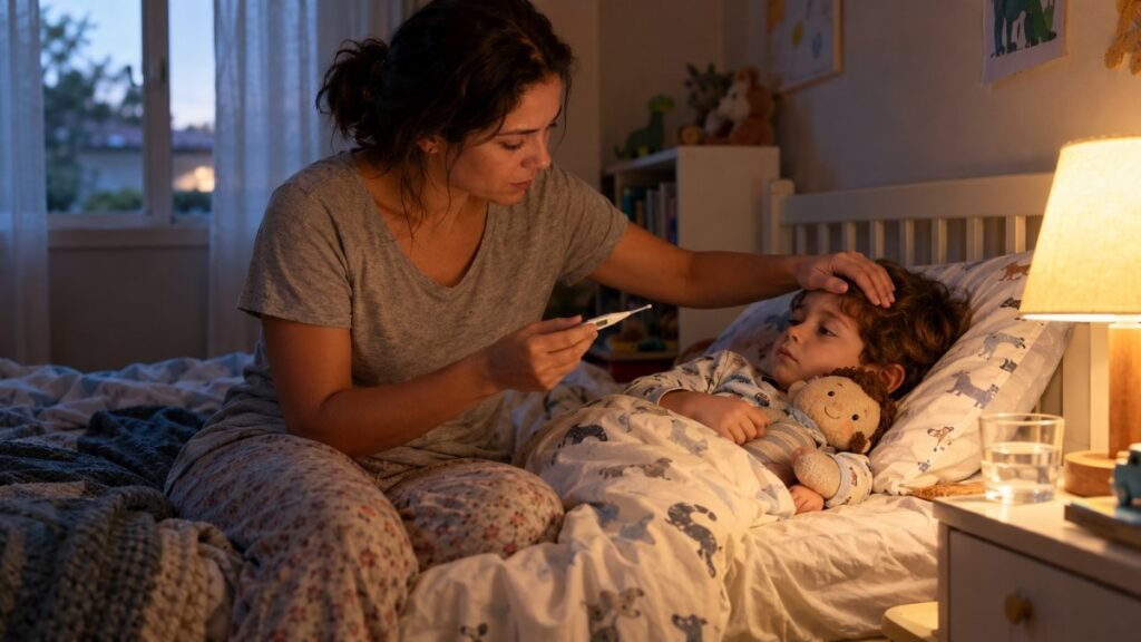 Febre em criança: quando levar ao pronto-socorro Mãe segura termômetro digital e observa o filho pequeno deitado na cama, em um quarto simples
