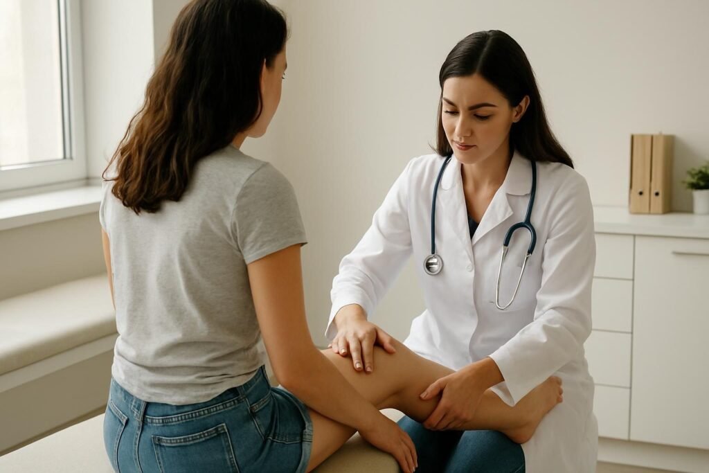 Lipedema: o que é, sintomas e quando procurar ajuda Médica examinando as pernas de uma paciente em consultório durante avaliação de lipedema