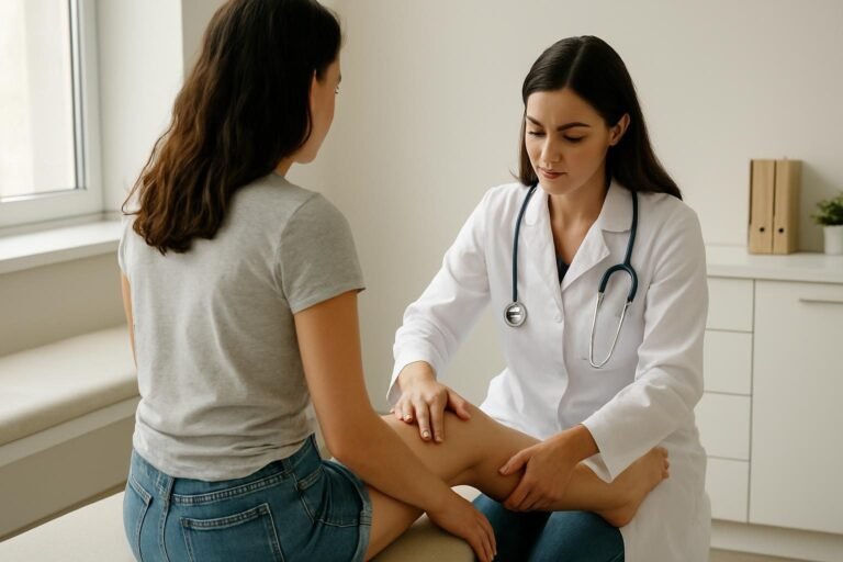 Médica examinando as pernas de uma paciente em consultório durante avaliação de lipedema