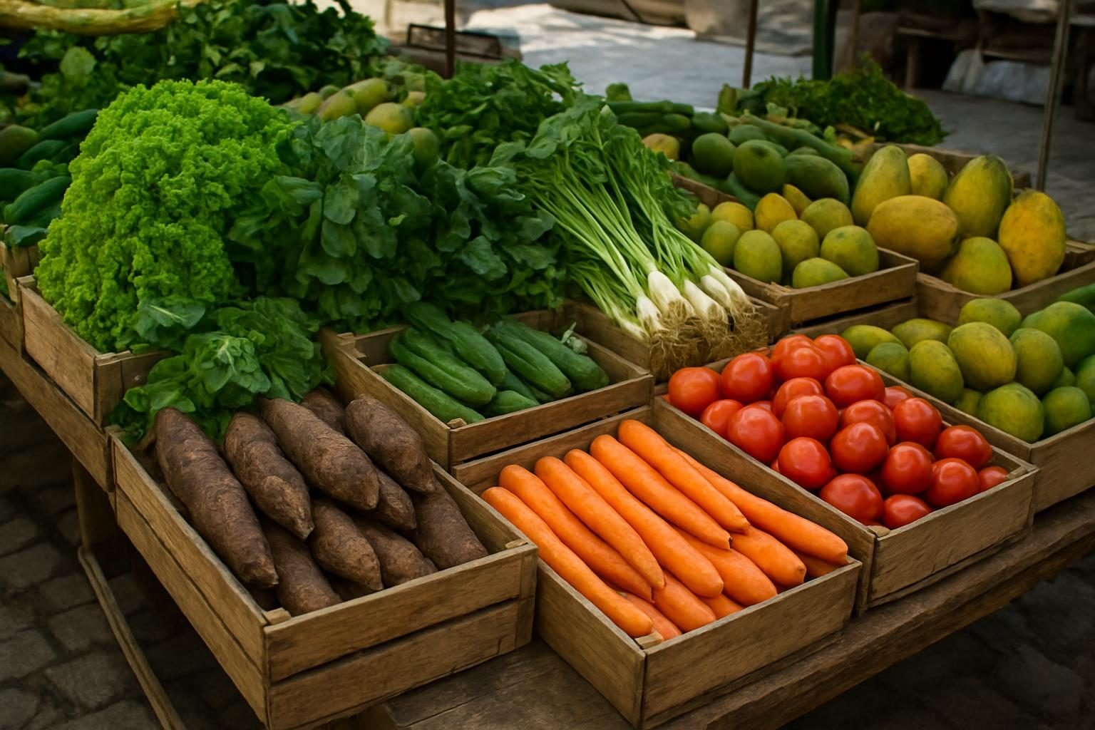 Banca de feira com verduras, legumes, mandioca e frutas frescas em caixotes
