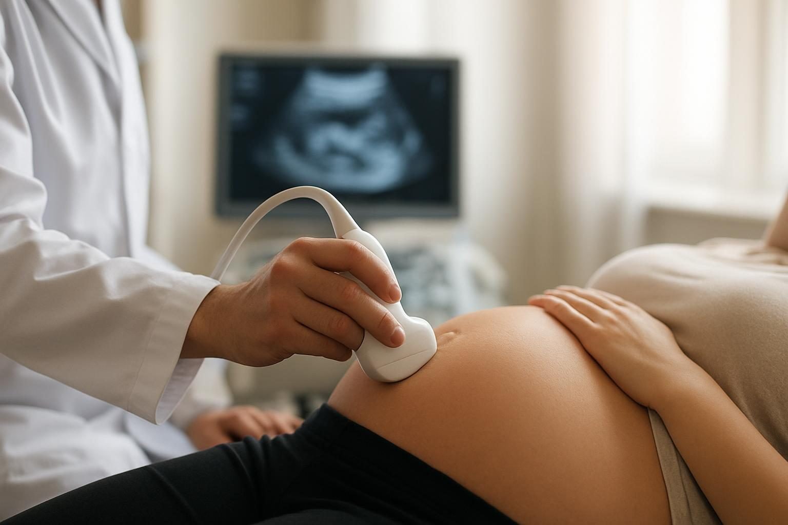 Exame de ultrassom sendo feito na barriga de uma gestante em consultório
