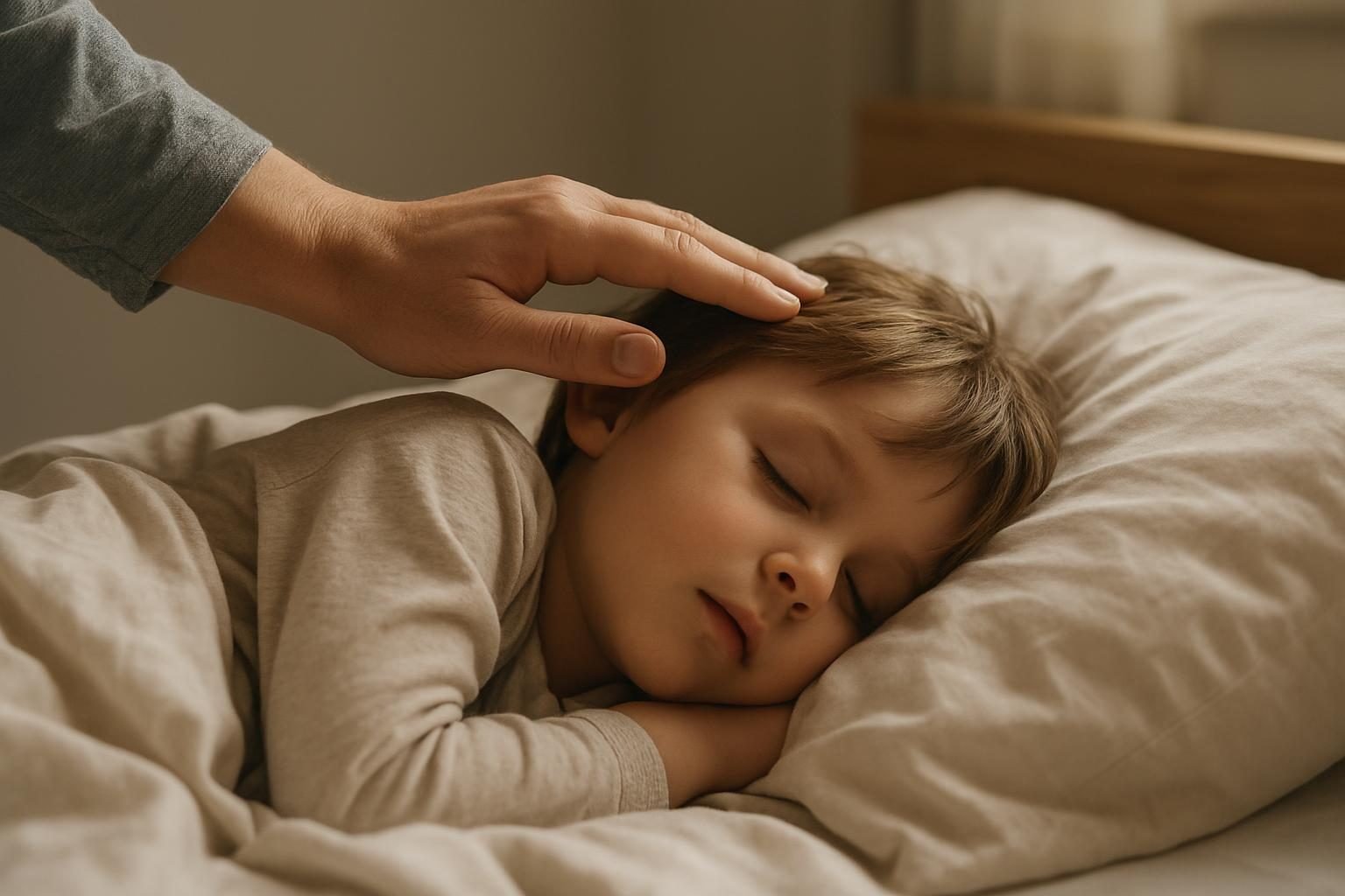 Mão de adulto tocando a testa de uma criança deitada na cama