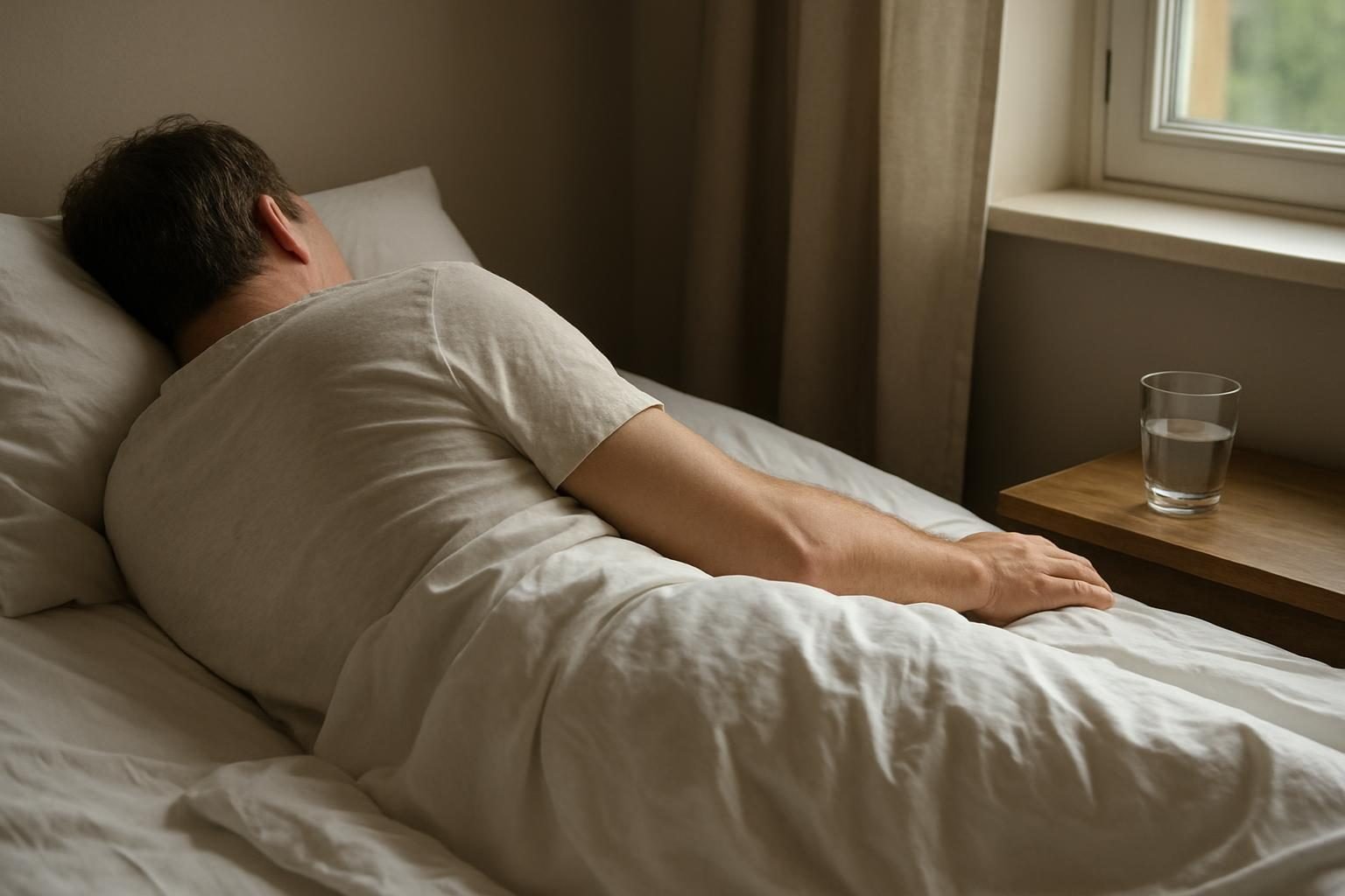 Adulto descansando na cama com roupa leve e lençol fino