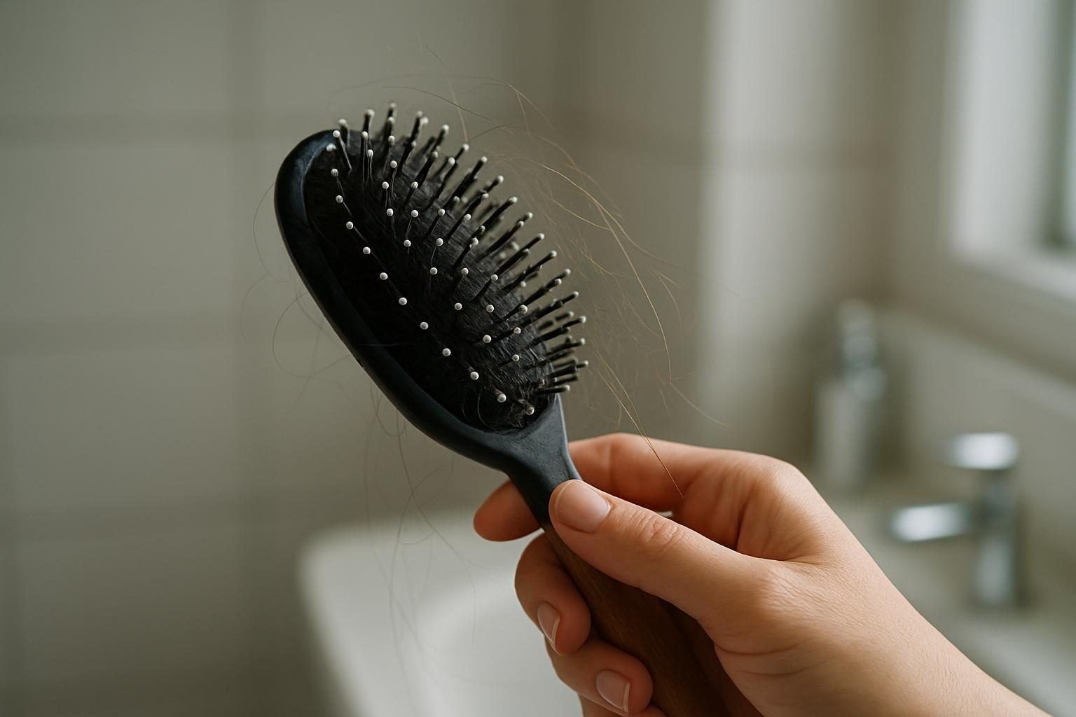 Mão segurando escova de cabelo com alguns fios soltos