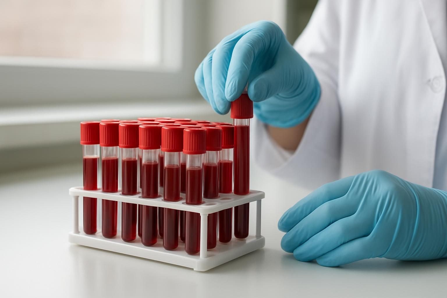 Tubos de coleta de sangue em suporte na bancada de um laboratório de análises clínicas