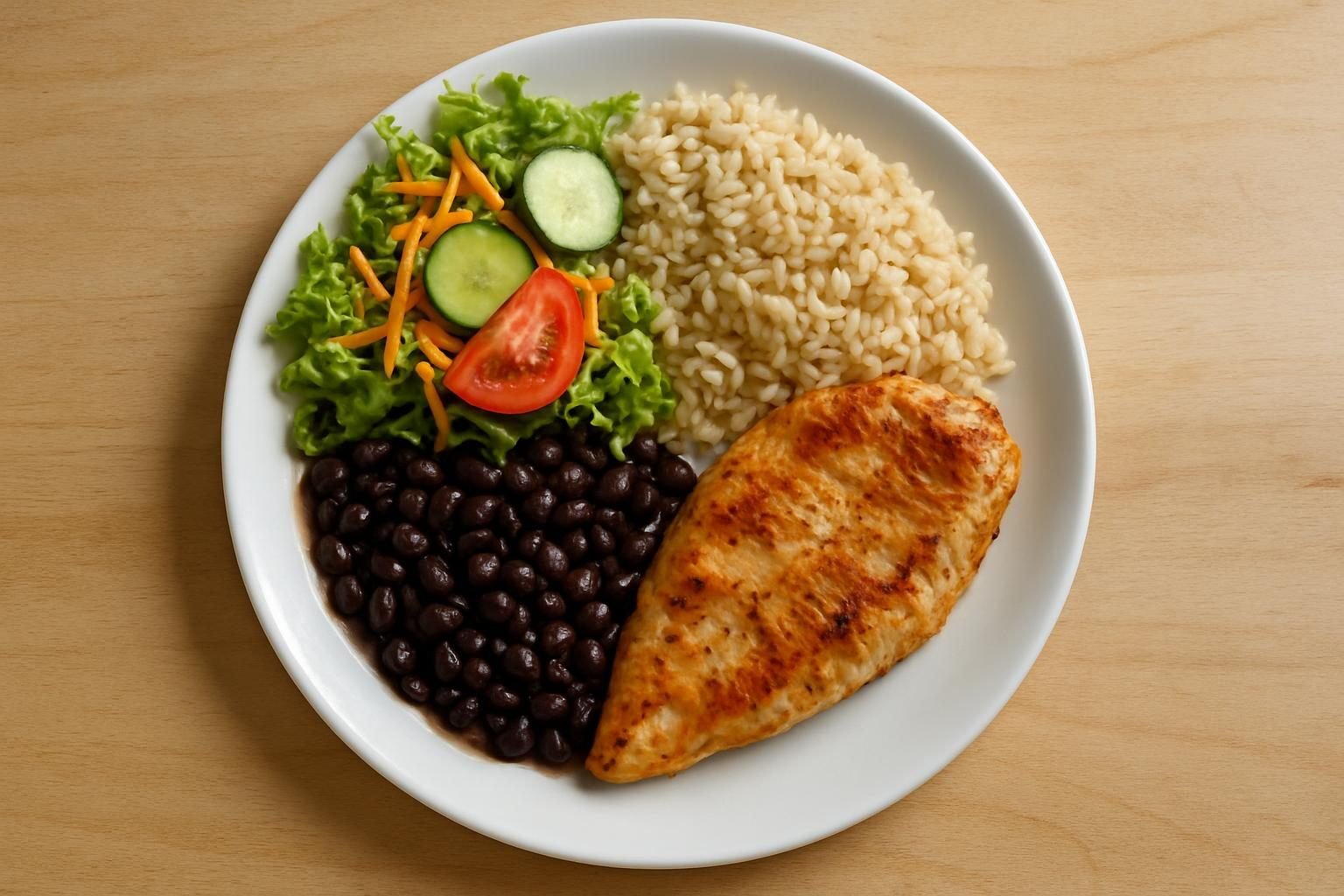 Prato com salada, legumes, arroz integral, feijão e frango grelhado