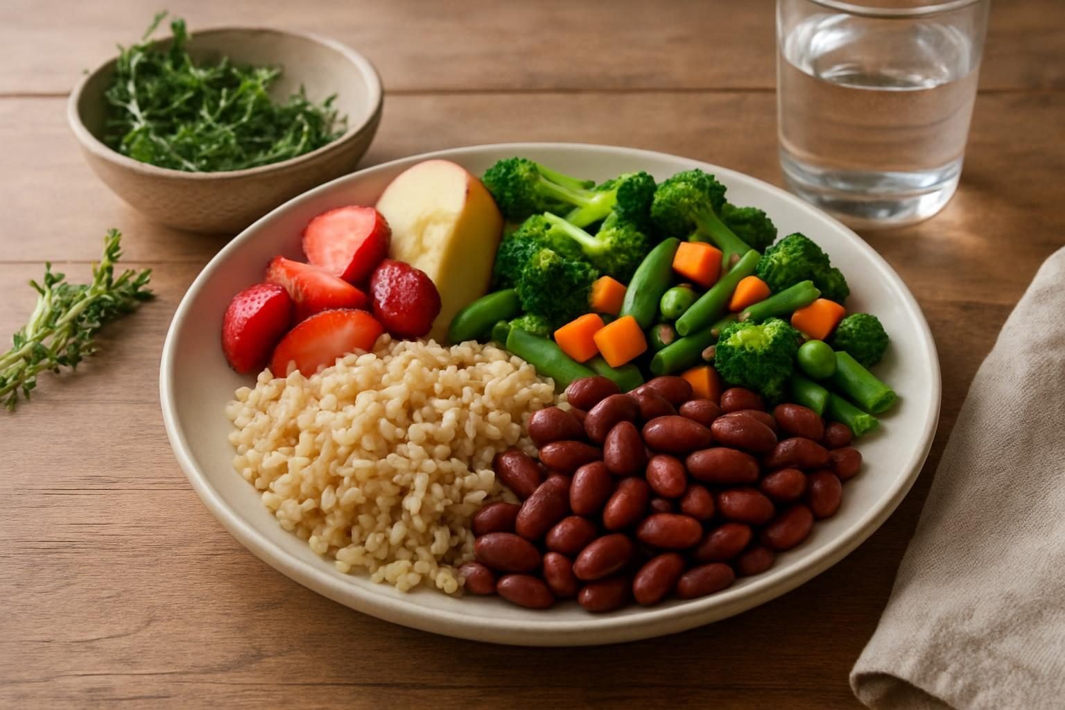 Prato com legumes, feijão, arroz integral e frutas sobre a mesa da cozinha